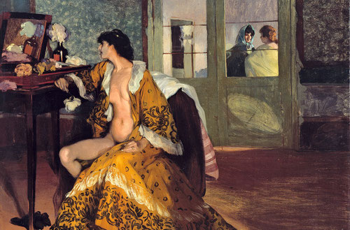 Ignacio Zuloaga. La celestina.1906. Estas escenas de prostíbulos se encuadran de su estancia en París abordada con mayor crudeza.Fuerza expresiva y profundidad psicológica, las flores como símbolo de la pasión efímera.
