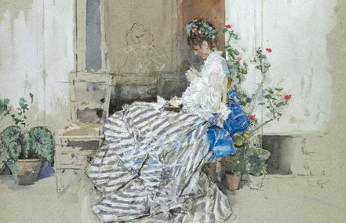 Fortuny.Detalle Cecilia de Madrazo,1874.Acuarela y guache sobre papel azulado.London British Museum.Imagen enternecedora tomada a la entrada de Villa Arata.Vida cotidiana asociada a la identidad femenina con huella de pintores napolitanos.