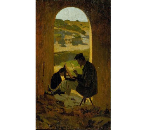 Giuseppe Abbati, El pintor Stanislas Pointeau. 1862.Óleo sobre tabla.35x20cm. La revolución de los machiaioli encuentra su razón de ser en la pintura al aire libre, principal seña de identidad.