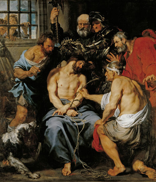 Van Dyck, La coronación de espinas,1618-20. Museo del Prado, Madrid. Comprado por deseo expreso de Felipe IV, pasó al Escorial y de allí a la Granja..Narrado por Mt 27, escenifica el escarnio que sufre Cristo mientras le colocan la corona de espinas.