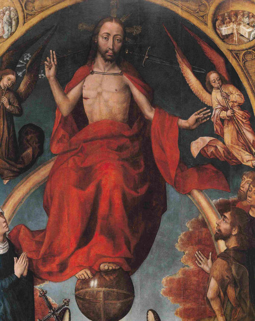 Van der Stock 1420-95 fue probablemente colaborados de Roger van der Weyden y guarda una relación estrecha con la del Prado..Cristo sedente sobre la esfera con la espada y lirios a los lados,reado por un marco arquitectónico de arco ojival.