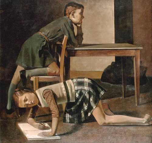 Balthus.Los niños Hubert y Thérèse Blanchard.Óleo sobre lienzo.125x130cm.Museo Nacional Picasso Paris. La reconstrucción gira en torno a la vida cotidiana.Claridad formal y fondos indeterminados.