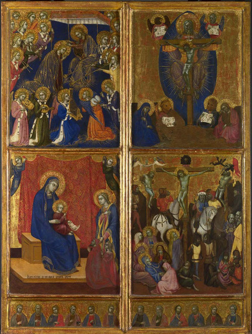 Barnaba da Módena.Coronación de la Virgen con El Niño;Trinidad;Crucifixión;Los doce apóstoles.1374.Temple y pan de oro sobre tabla.82x60cm.Londres National Gallery.Este taller llegó a Murcia desde Génova en la década de los 70.