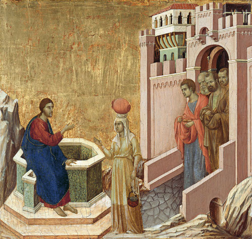 Duccio di Buoninsegna. Cristo y la samaritana, 1310-11.Temple y oro sobre tabla.Museo Thyssen. Esta obra formó parte del altar de la Maestá del Duomo de Siena.