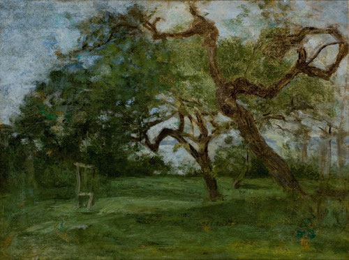 Eugène Boudin.Patio de granja,viejos manzanos 1853.Óleo sobre tabla.32x42cm.Musée d´Art Moderne André Malraux,El Havre. En su "búsqueda sencilla de la naturaleza, una vegetación umbría de la costa normanda sustituyen los manzanos a los robles.