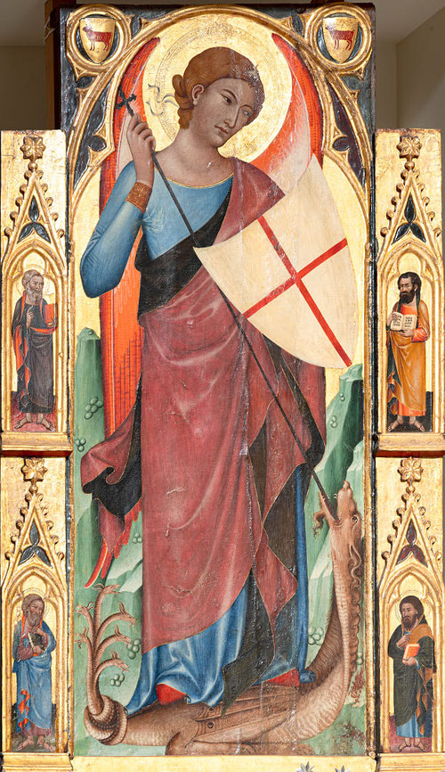 Ferrer Bassa. San Miguel Arcángel,1335. Temple y pan de oro sobre tabla,182x111cm.Iglesia parroquial de la Inmaculada Concepción, Castellón.La elegante figura que derrota al dragón de 7 cabeza flanqueada por los 4 evangelistas.