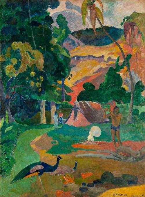 P. Gauguin. Matamoe. Muerte.Paisaje con pavos reales. 1892.  Pushkin Museum, Moscú. Escenas de una sencilla vida doméstica, con la fuerza y la energía del hombre primitivo.