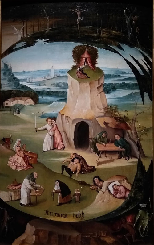 Jheronimus van Aken, el Bosco.Hacia 1500-1510.Los siete pecados capitales.Óleo sobre tabla.86x56cm.El autor con visión pedagógica domina la iconografía religiosa y recuerda a su "Ojo que todo lo ve¨ de la tabla del Prado.La avaricia del ser humano y moral