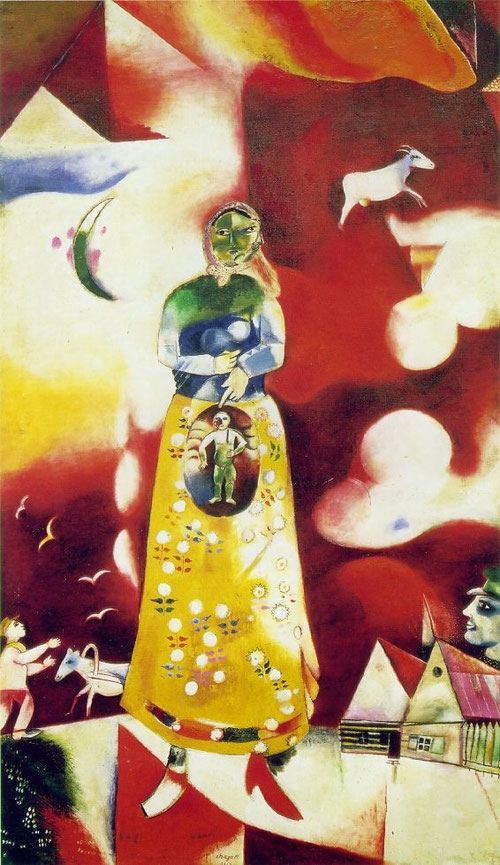 Maternidad.1913.Collection Stedelijk Museum,Amsterdam.Esta reserva creativa de Chagall imprime siempre un cálido soplo de esperanza,basado en la sinceridad:Si he hecho estos cuadros es porque recuerdo a mi madre,sus pechos que me nutrieron cálidamente"