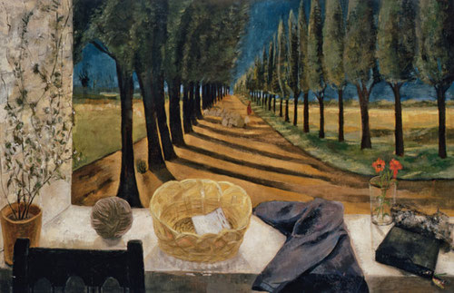 Esperanza Parada.Despues de misa,1959.Óleo sobre lienzo.65x100cm.Colección López Parada.Los objetos interpuestos frenen la mirada del espectador y desvían la atención a la hilera de cipreses