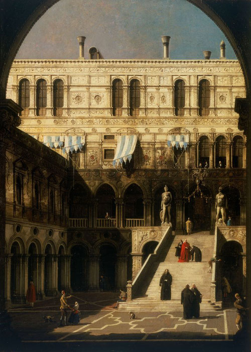 Giovani Canaletto, El Palacio Ducal de Venecia, la escalinata de los gigantes,1751. Tras el incendia de 1483 grandes áreas del palacio quedaron destruidas, sin embargo se conservaros las escalinatas. Fue el gran representante de la pintura vedute.