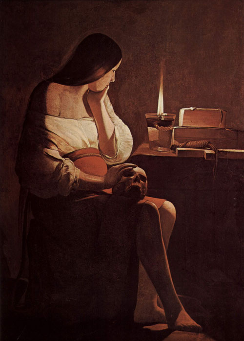 Magdalena penitente.Óleo sobre lienzo.117x91cm.Los Angeles Museum of Art.Arrepentida,ocupa  lugar privilegiado en la obra de la Tour,presentó 4 versiones. Mujer que lava los pies de Jesús en los evangelios,sentada en una mesa contempla la llama encendida.