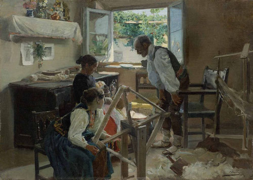 Joaquin Sorolla.El mamón 1894. Cuadro de costumbres de su etapa de madurez.Trabajadores humildes en sus tareas, objetos de lana merina muy importante en la economía segoviana, mobiliario castellano de madera,loza,flores,estampa,guitarra...