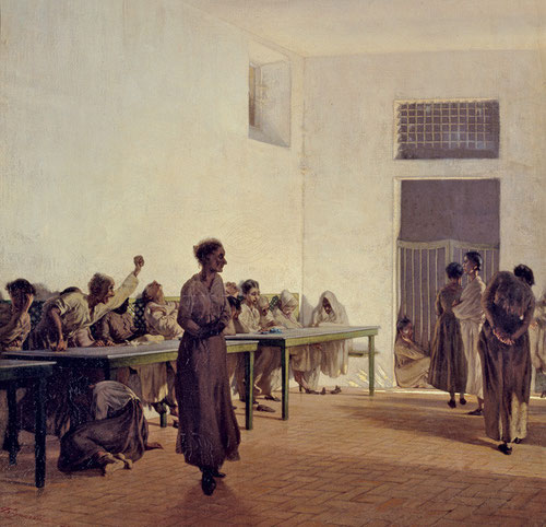 Telemaco Signorini.Sala de manicomio del Hospital de San Bonifacio de Florencia. 1865.65x59cm. En demanda de verdad y protesta los machiaiolli bajan a tugurios, hospitales, entran en cárceles..revelan al mundo la vida de renuncias y sacrificios.