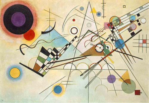 Composición VIII.Kandinsky 19231,40cmx200cm.Museo Guggenheim de Nueva York. Su evolución hacia una abstracción más geométrica, refleja como el cosmos nace técnicamente por una catastofe,con lo que "la creación de la obra es la creación del mundo"