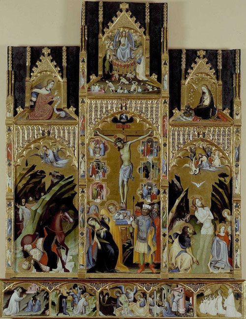 Gherardo Starnina.Retablo de los siete Sacramentos,1396-97.Temple y pan de oro sobre tabla.249x189cm.Valencia, Museo de Bellas Artes.Retrata la inquietud y ansiedad por la salvaación del alma a través de los sacramentos, complejo programa iconográfico.
