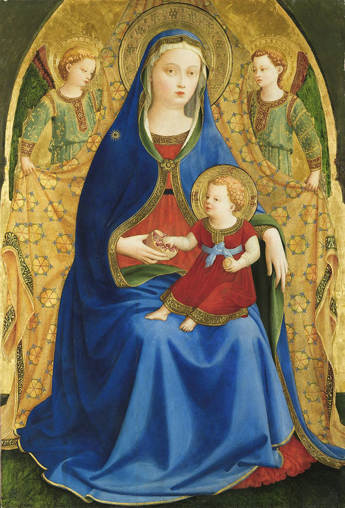 La Virgen de la Granada.Fra Angelico da Fièsole.1424.Temple y pan de oro sobre tabla,87x59cm.Museo Nacional del Prado, adquirido en 2016.La fantasía de los tejido o la brillantez cromática puso de manifiesto la estrecha relación de Starnina con el Beato.