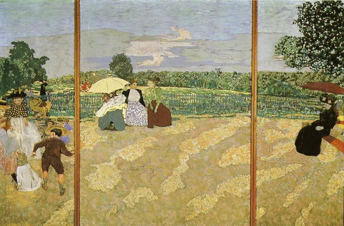 Édouard Vuillard,Jardins Publics1894.214cmX81X156cm.Moderna sensibilidad cotidiana concentrado en temas bucólicos.Paneles decorativos al modo de proyección de un ciclorama con secuencias  de cualquier parque parisino,que encierran el misterio de la vida.