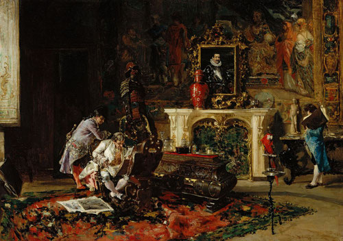 El aficionado a las estampas,1867.Óleo sobre tabla,52x71cm.The Pushkin State Museum. Madurez de ejecución brillante y sólida y la calidad de los objetos representados,jarrón chino, chimenea de mármol,fondo de tapiz...