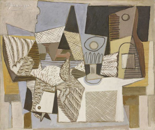 Naturaleza muerta con paloma 1919. Picasso y el cubismo sintético en lugar de imitar formas lo que busca es inventar una forma que sintetice el objeto gracias al detalle del plumaje de la paloma, verdaderos iconos en la obra del artista malagueño.