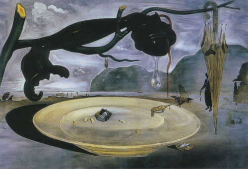 Dalí, El enigma de Hitler,1939.Teléfono de baquelita colgado de una rama de olivo muerta, con un cable cortado y una lágrima que escapa a un plato servido con retrato de Hitler...Europa atormentada por dramas ideológicos...al fondo Porlligat