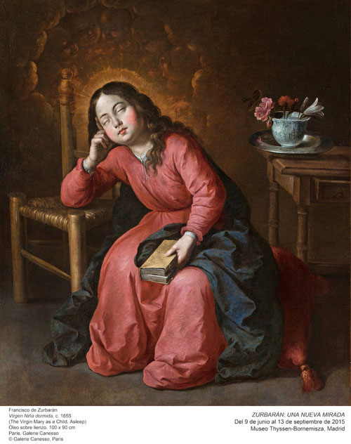 La Virgen Niña dormida,1655.Paris,Galerie Canesso.100x90cm.La mística Sor Mª Jesús de Ágreda(1602-55)tuvo visiones de la infancia de la Virgen según las cuales la virgen oraba dormida y el Altísimo la inundaba de luz celestial,puro arrebato de amor divino