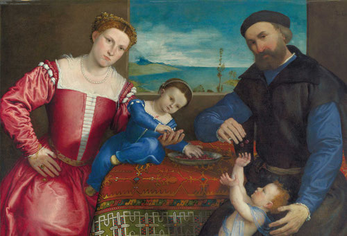 Giovanni dalla Volta con su esposa e hija.1547.Óleo 104x138cm.Londres National Gallery.Cabe pensar que el cuadro fue una forma de abonar el alquiler de la estancia anual,20 ducados al año pagados en dos plazos.Singular alfombra de anatolia.