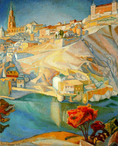 DIEGO RIVERA,Vista de Toledo 1912.Óleo sobre lienzo 123x90cm,Puebla.Mejicano apasionado por la obra del Greco desarrollo vertical de Toledo con gran riqueza de planos yuxtapuestos,queda patente la descomposición en planos.