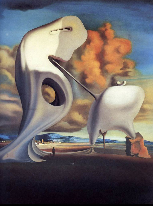 Dalí,Ángelus arquitectónico de Millet,1933. Todo un delirio geológico en Port Lligat, asociación de piedras y minerales perforadas por la erosión bajo una luz azulada crepuscular,rinde homenaje a Gaudí y a su gótico catalán.Se interpretar como padre-hijo