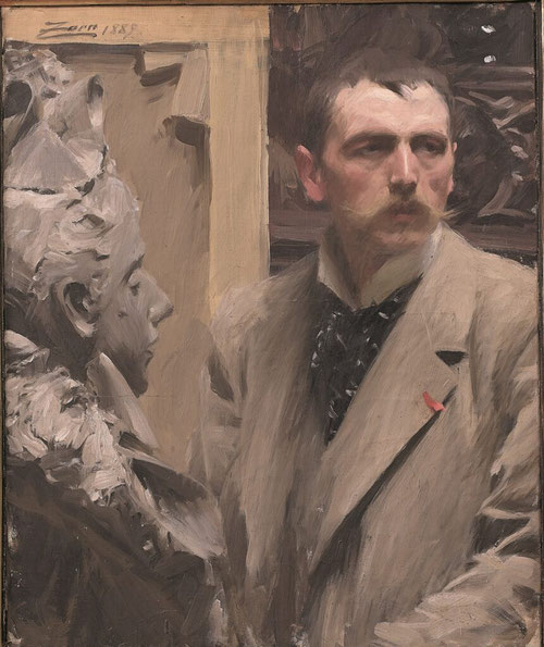 Anders Zorn. Autorretrato 1889. Òleo sobre lienzo. 74x62cm. Florencia Gallerie degli Uffizi. Fue en París,donde comenzaron sus lucrativos encargos con la cinta roja de la Legión de Honor, esculpiendo en arcilla el modelo para el retrato del busto de Emma.