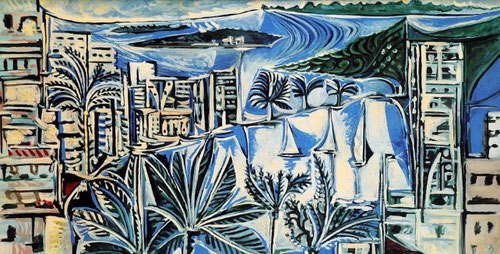 Pablo Picasso.La Bahía de Cannes 1958.Óleo sobre lienzo.130x195cm.Museo Nacional de Picasso.Paris. Impresionante escenario monocolor, azules y blancos con sensaciones de luz y vegetación.El clasicismo-primitivismo impregna su obra