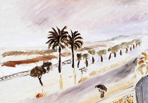 H.Matisse. Tempestad en Niza,1919-20.Óleo sobre lienzo.60x73cm.Musée Matisse, Niza. Desde el balcón con balaustrada del Hotel Beau Rivage su habitación daba a un paseo con palmeras y al mar.Necesitaba silencio y aislamiento para trabajar.