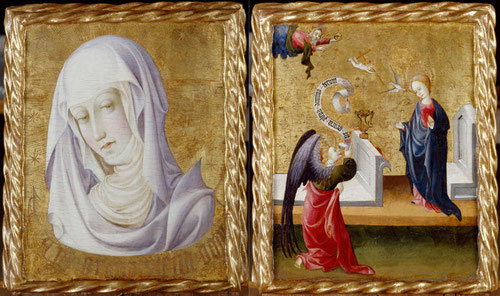 Peris Sarriá y Pere Nicolau.Verónica de la Virgen y Anunciación.Temple y pan de oro sobre tabla.44x37cm.Museo de Bellas Artes de Valencia.