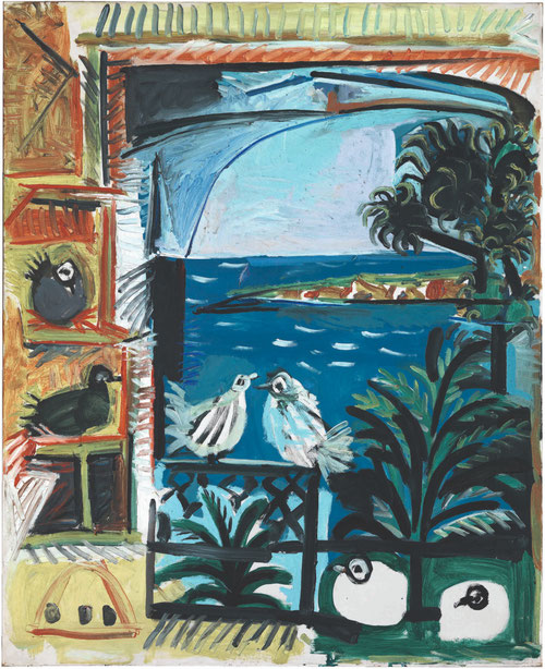 Pablo Picasso.Los pichones,Cannes 1957.Óleo sobre lienzo.100x81cm.Museo Picasso, Barcelona. Tanto la vegetación como el entorno resultan un estímulo para el artista en esta búsqueda de la corporeidad clásica.