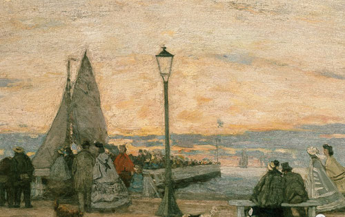 Eugène Boudin.El muelle de Trouville,atardecer 1862.Óleo sobre tabla 26x48cm.Ashmolean Museum,University of Oxford.Destaca una marina ambiciosa,escenas de cálida luz de atardecer que permite observar sus anotaciones al aire libre.