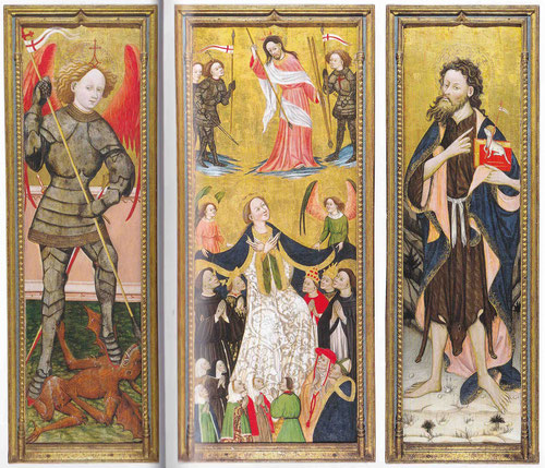 Bernardo  Serra,1423-1456.La Virgen de la Misericordia(tabla central)con S.Miguel Arcángel(lateral izq.) y S.Juan Bautista(tabla der.)Proliferan las escenas marianas como devoción sincera popular, especialmente invocada en epidemias de peste.