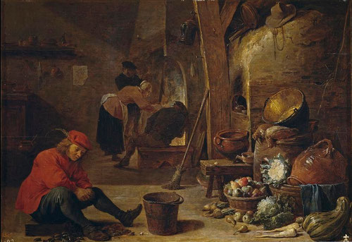 David Teniers.La cocina.1643.Óleo sobre tabla.35x40cm.Cuadro de gabinete pensado para la decoración de clases acomodadas.