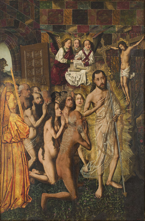 Entrada en el Paraiso y visión del Crucificado.Óleo sobre tabla .103x68cm.Barcelona.Un realismo descarnado o feismo en el tratamiento de los cuerpos..a las puertas del Eden custodiado por un ángel y querubines en el Paraiso,Adan Eva se arrodillan.