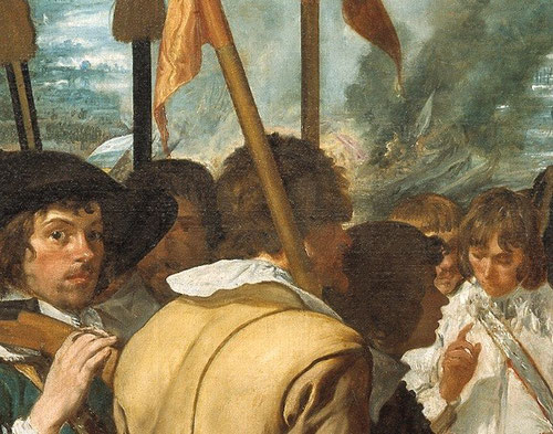 Detalle de la Rendición de Breda,1634.La atmósfera evanescente del humo de la batalla refleja la maestría de Velazquez para recrear el paisaje.