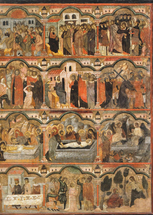 Maestro de la Pasión de Mallorca.Dossalle de la Pasión de Cristo, detalle.1300-1315.Temple y pan de oro sobre tabla, 198x300cm.Catedral de Palma de Mallorca. Acentuado sentido narrativo subdividido en 4 registros horizontales de gran ambición compositiva.