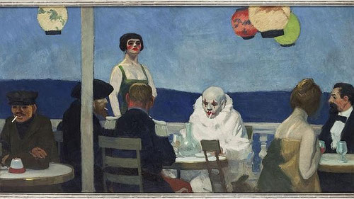 E.Hopper. Soir Bleu, 1914. Óleo sobre lienzo.91x182cm. Whitney Museum of American Art- Todo un manifiesto de lucidez en el que expresa los diferentes roles sociales.Obra simbolista y literaria de pura abstracción.