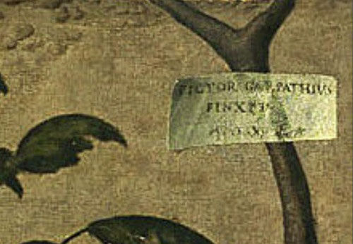 Detalle del cartel FINIXIT con dos fechas 1505-1510, la primera más plausible que la segunda,entonces por qué inventar?Porque la guerra de las potencias europeas en La Liga de Cambrai le proporciona al héroe un marco histórico.