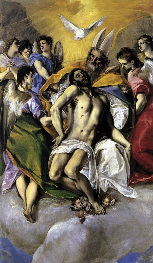 La Trinidad del Greco 1577-79.Óleo sobre lienzo.300 x 179cm.Museo del Prado. Composición piramidal basada en estampa de Durero, eliminando referencia a la Pasión.Como si de una Piedad se tratara,la relación entre el Padre y el Hijo,clara huella de M.Angel