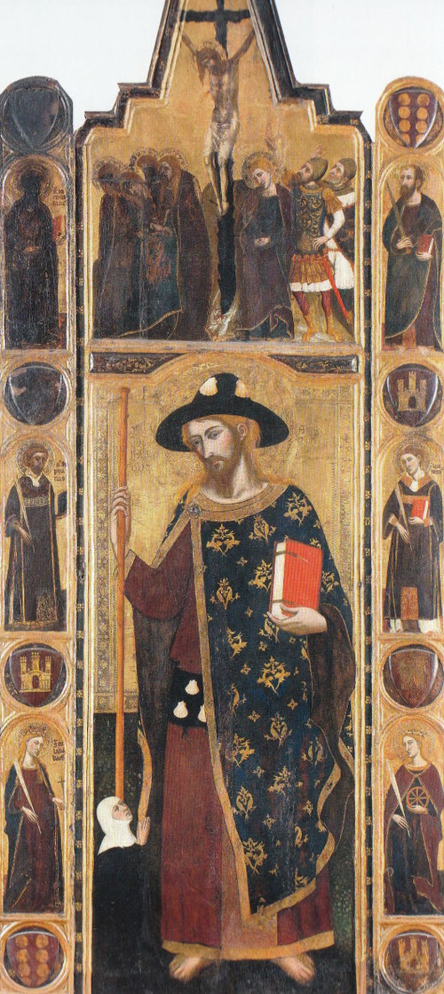 Ferrer y Arnau Bassa. Santiago, Crucifixión y santos.Procedente del Retablo de Santiago de Santa María de Jonqueres, Barcelona,1347.Temple y pan de oro sobre tabla.246x103cm.Barcelona Museo Diocesano.Gran riqueza formal y refinamiento, tejidos de lujo.