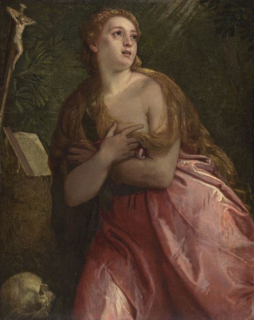 Paolo Veronese. Magdalena penitente 1583. Museo Nacional del Prado. Pudo ser uno de esos cuadros sin acabar en stock esperando a que un cliente solicitara a su gusto y sirviera como modelo para ayudantes comenzando con la base de la pintura.