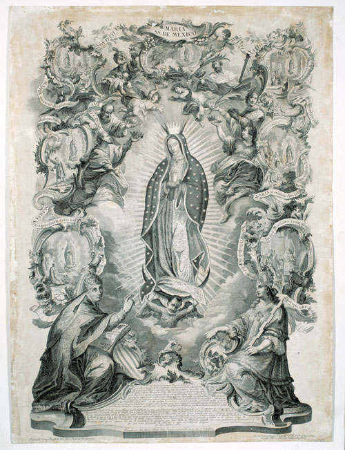 Joseph Sebastian Klauber y Johan Babtist Klauber. Alegoría del Patronato de la Virgen de Guadalupe sobre la Nueva España. Aguafuerte y buril. Ciudad de Méjico. Museo de la Basílica de Guadalupe.