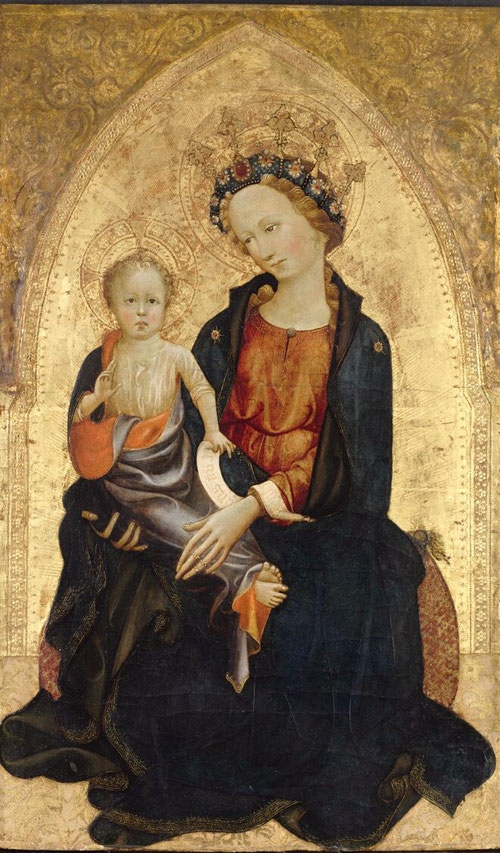 Gherardo Starnina. Virgen de la Humildad.1400.Temple y pan de oro sobre tabla.60x41cm.Claveland Museum of Art..Melancólica y elegante imagen mariana procedente de una colección de Ginebra,el fondo suspendido en universo dorado"Ego sum",reza la filacteria 