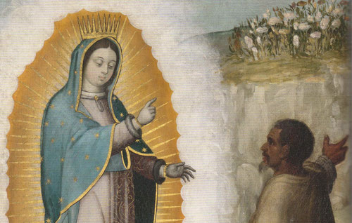 Detalle de las apariciones de Nuestra Señora de Guadalupe 1656. Óleo sobre lienzo,210x295cm.Monasterio de sor María de Jesús de Ágreda, Soria. Narrar y propagar la historia que aconteció en el monte Tepeyac entre el indio Juan de Diego y la Virgen.