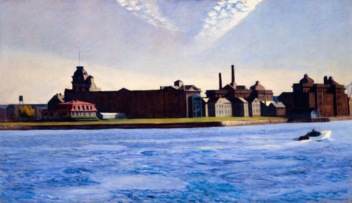 E.Hopper.Blackwell´s Island,1928.Óleo sobre lienzo.88x152cm.Colección Soledad y Robert Hurst. Hopper confiere a la luz una dimensión espiritual,opone simbólicamente la luz y las tinieblas.Es la singularidad de la luz del Nuevo Mundo, un sentido metafísico