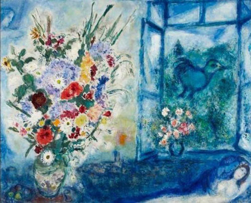 Florero delante de una ventana, 1959. Colección Duques de Alba.Las flores tienen su propio lenguaje, aromas y sabores que encarnan un mensaje de amor..magistral uso del color..azul intenso de sabios efectos que configuran ciertas apariciones.